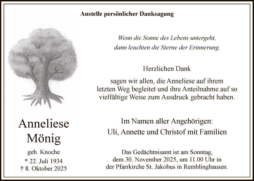  Traueranzeige für Anneliese Mönig vom 22.11.2025 aus HASK