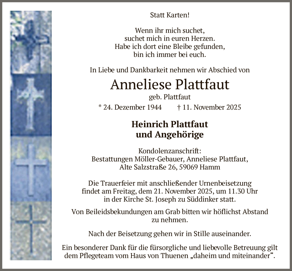  Traueranzeige für Anneliese Plattfaut vom 15.11.2025 aus HAWA