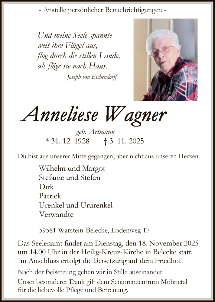  Traueranzeige für Anneliese Wagner vom 08.11.2025 aus HASO