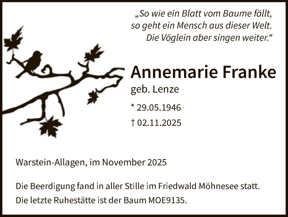  Traueranzeige für Annemarie Franke vom 24.11.2025 aus HASO