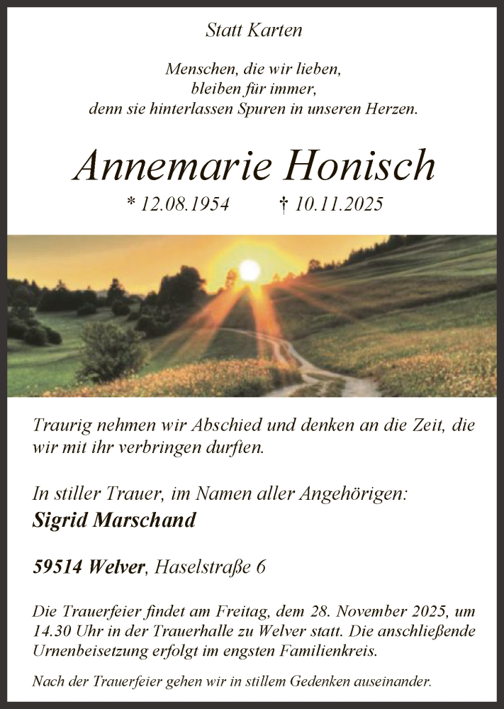  Traueranzeige für Annemarie Honisch vom 15.11.2025 aus HASO