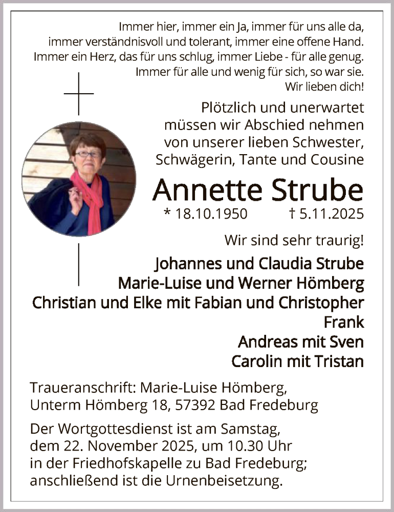  Traueranzeige für Annette Strube vom 15.11.2025 aus HASK