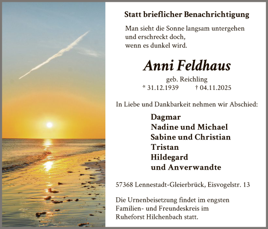 Traueranzeige von Anni Feldhaus von HASK