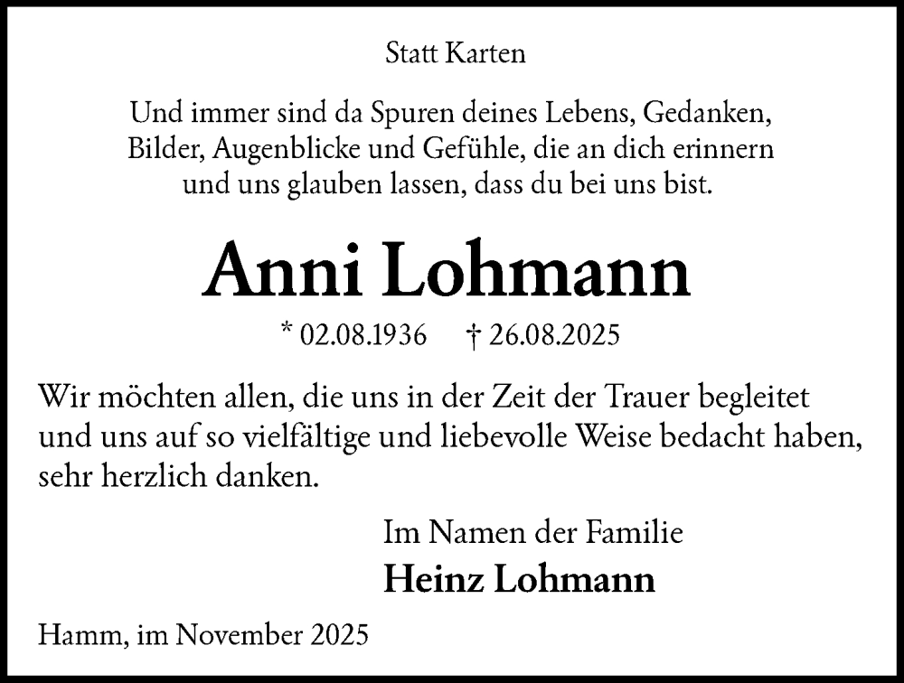  Traueranzeige für Anni Lohmann vom 29.11.2025 aus HAWA