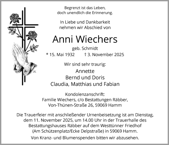 Traueranzeige von Anni Wiechers von HAWA
