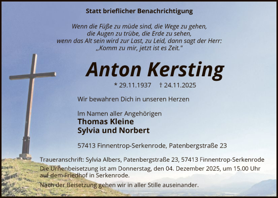 Traueranzeige von Anton Kersting von HASK