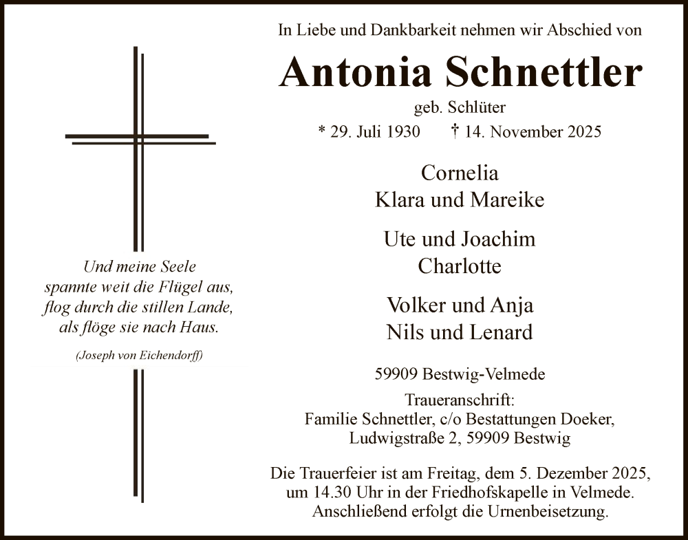  Traueranzeige für Antonia Schnettler vom 22.11.2025 aus HASK