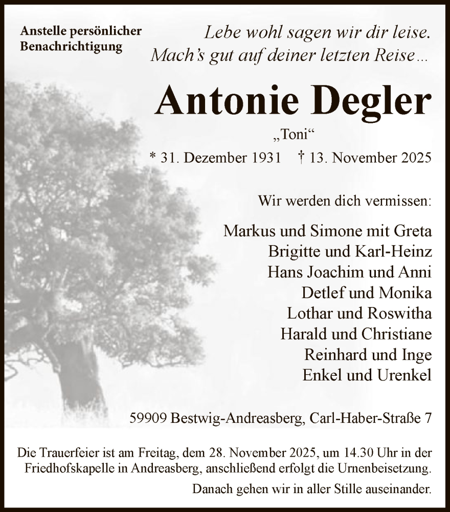  Traueranzeige für Antonie Degler vom 22.11.2025 aus HASK