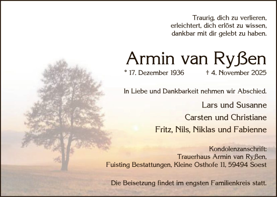 Traueranzeige von Armin van Ryßen von HASO