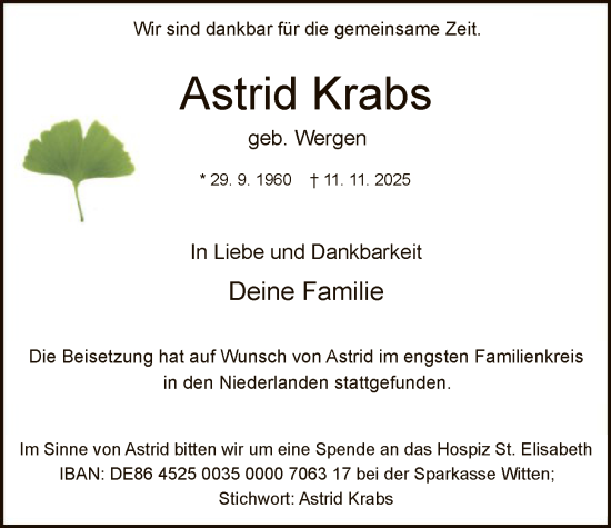 Traueranzeige von Astrid Krabs von HAWA