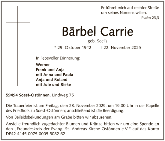 Traueranzeige von Bärbel Carrie von HASO