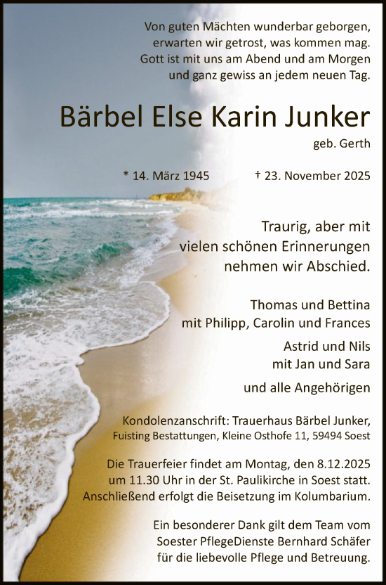 Traueranzeige von Bärbel Else Karin Junker von HASO