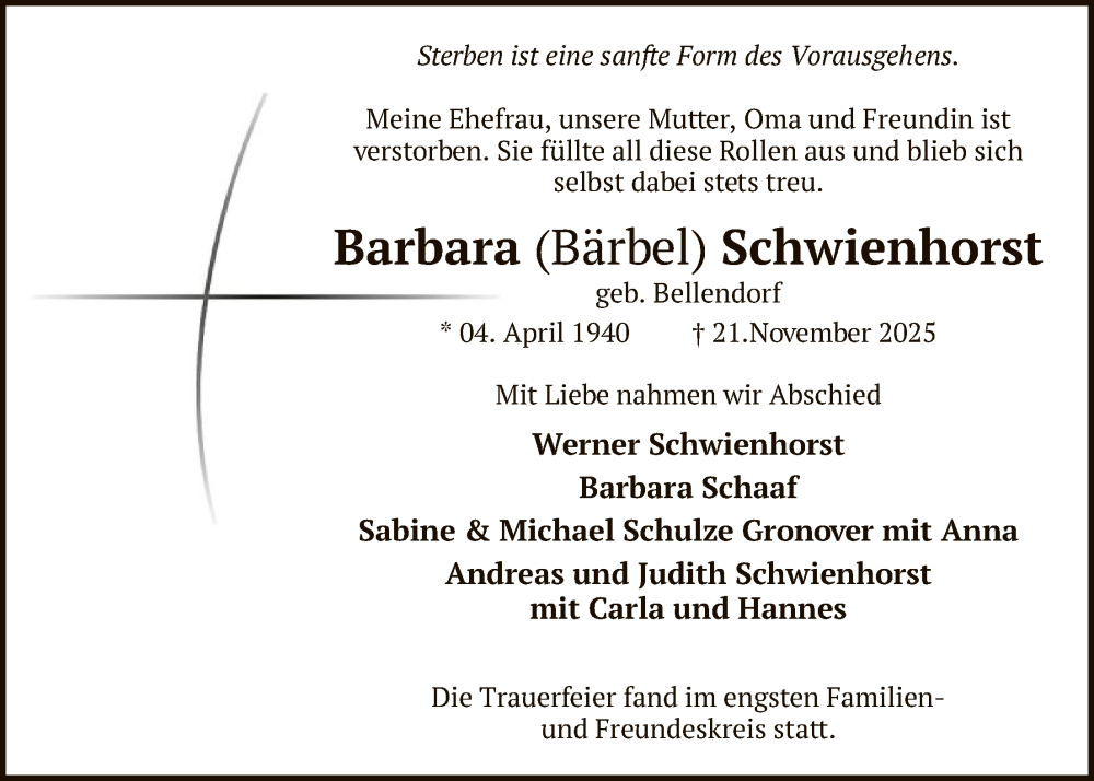  Traueranzeige für Barbara Schwienhorst vom 29.11.2025 aus HAWA
