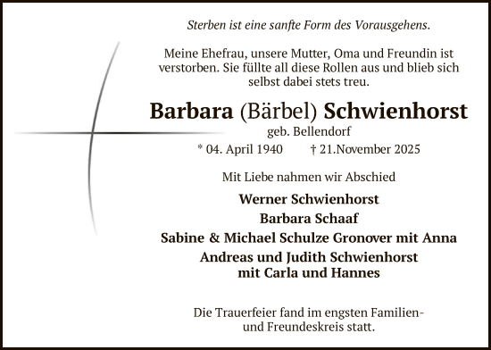 Traueranzeige von Barbara Schwienhorst von HAWA