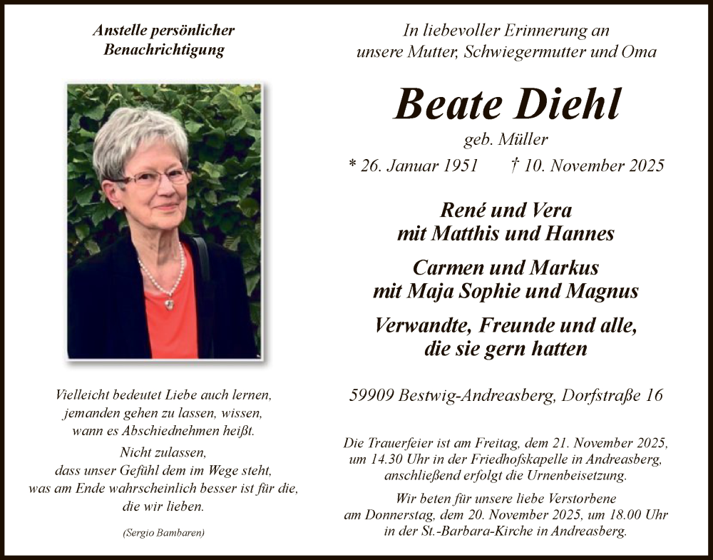  Traueranzeige für Beate Diehl vom 15.11.2025 aus HASK