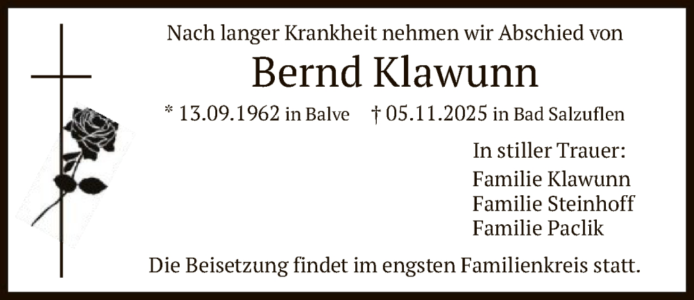  Traueranzeige für Bernd Klawunn vom 22.11.2025 aus HASK