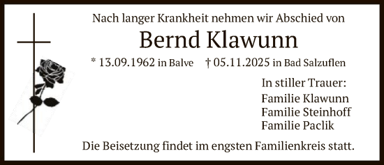 Traueranzeige von Bernd Klawunn von HASK