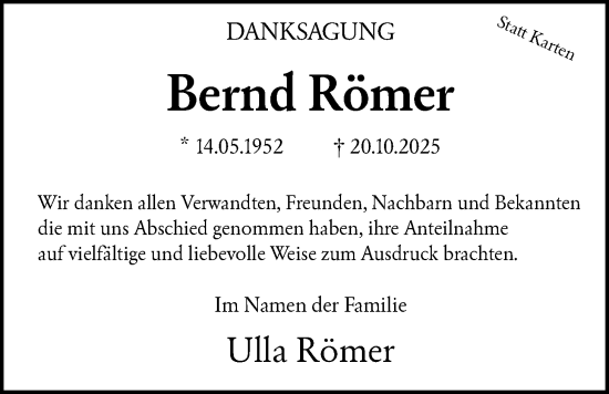 Traueranzeige von Bernd Römer von HASK