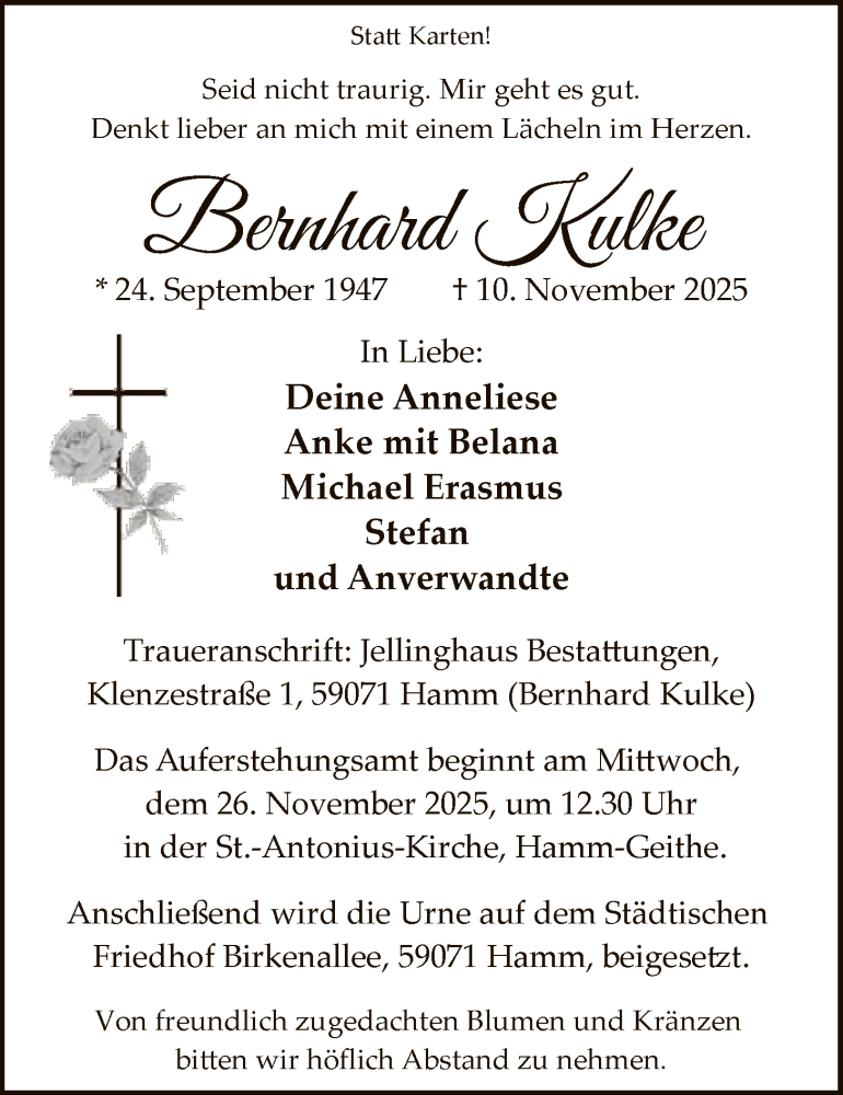  Traueranzeige für Bernhard Kulke vom 15.11.2025 aus HAWA