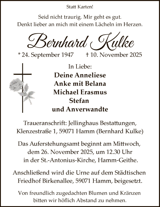 Traueranzeige von Bernhard Kulke von HAWA