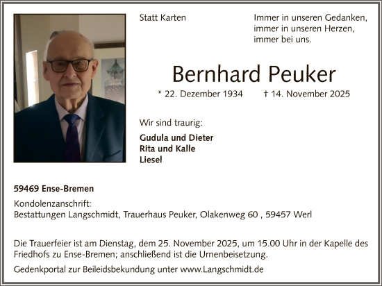 Traueranzeige von Bernhard Peuker von HASO