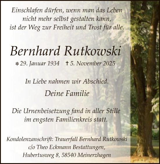 Traueranzeige von Bernhard Rutkowski von HALN