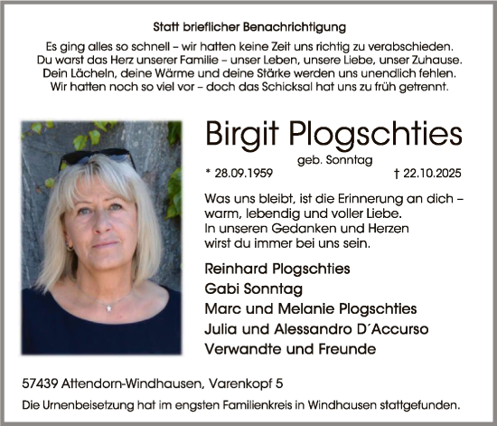 Traueranzeige von Birgit Plogschties von HASK