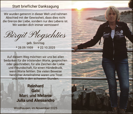 Traueranzeige von Birgit Plogschties von HASK