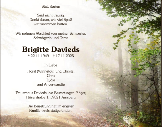 Traueranzeige von Brigitte Davieds von HASK
