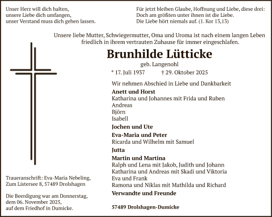 Traueranzeige von Brunhilde Lütticke von HASK