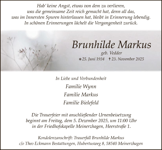 Traueranzeige von Brunhilde Markus von HALN