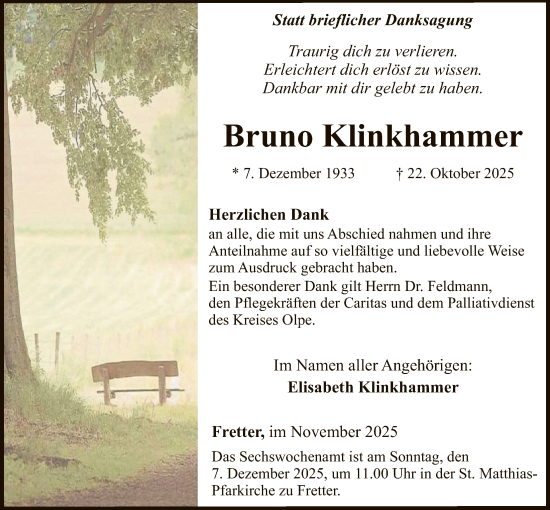 Traueranzeige von Bruno Klinkhammer von HASK