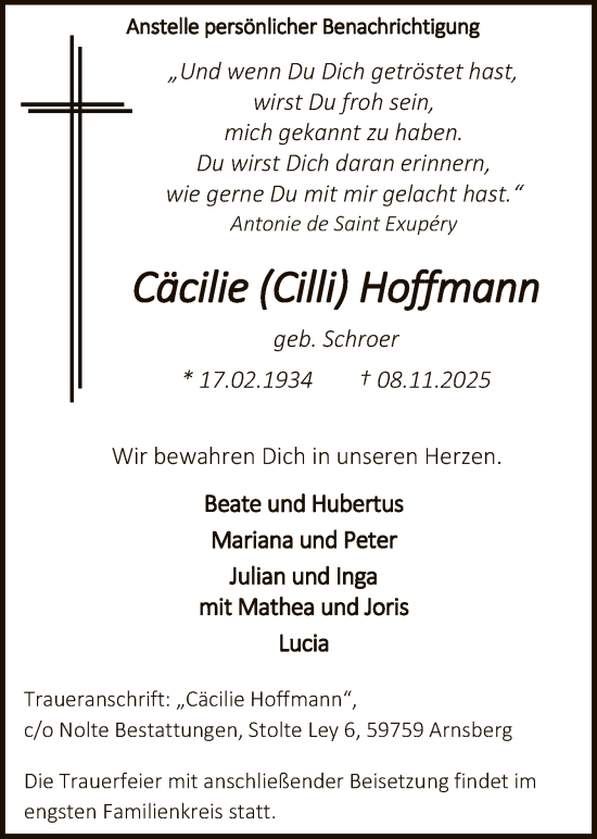 Traueranzeige von Cäcilie Hoffmann von HASK