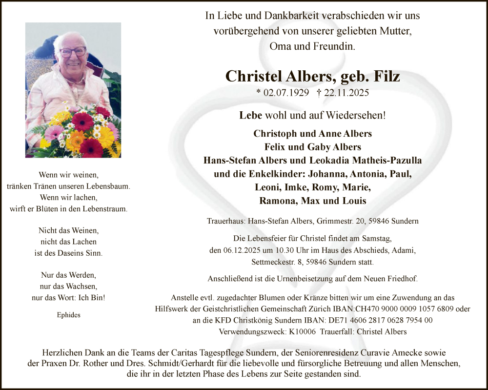  Traueranzeige für Christel Albers vom 29.11.2025 aus HASK