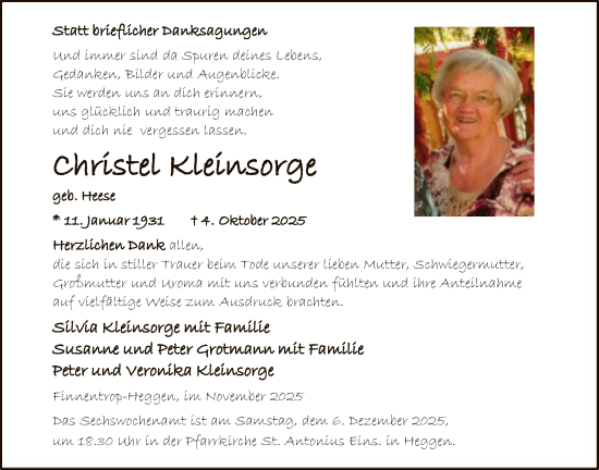 Traueranzeige von Christel Kleinsorge von HASK