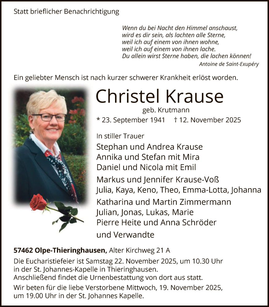  Traueranzeige für Christel Krause vom 15.11.2025 aus HASK