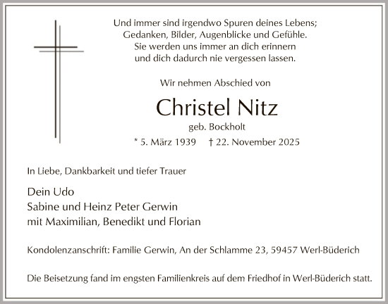 Traueranzeige von Christel Nitz von HASO