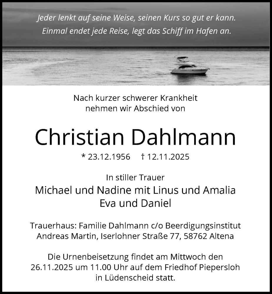  Traueranzeige für Christian Dahlmann vom 22.11.2025 aus HALN