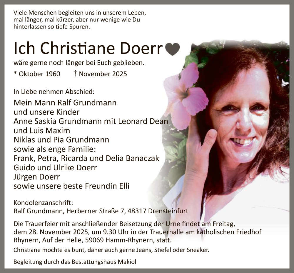 Traueranzeige für Christiane Doerr vom 22.11.2025 aus HAWA