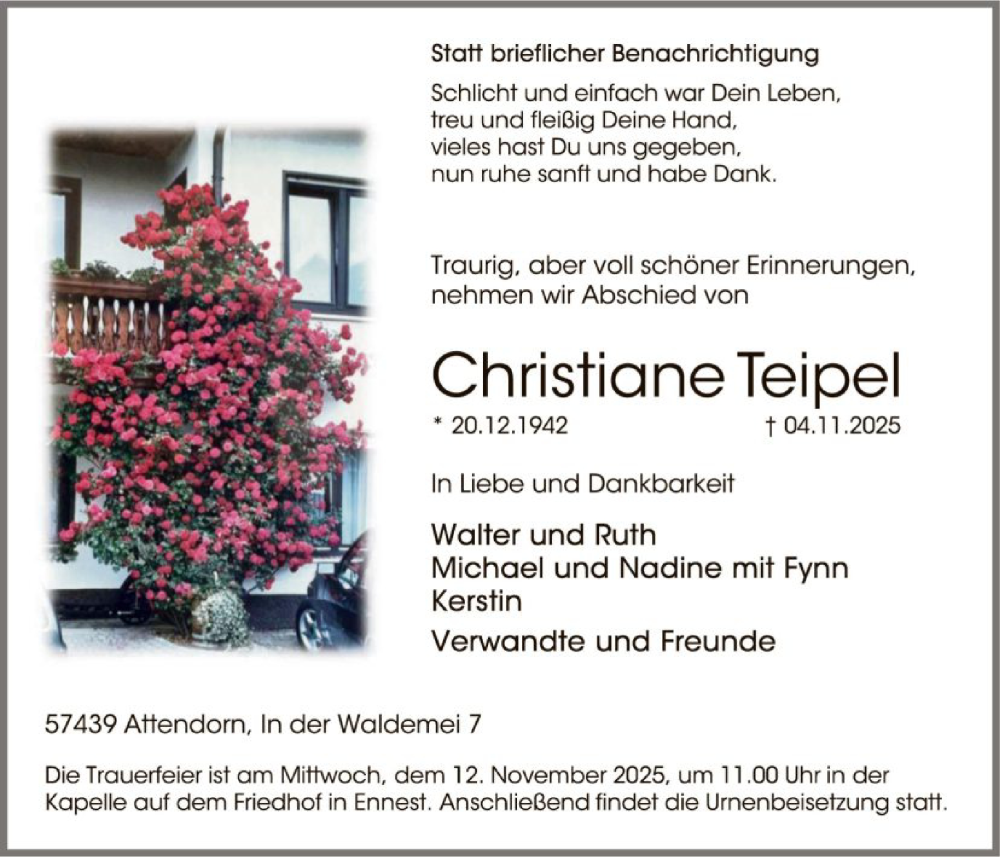  Traueranzeige für Christiane Teipel vom 08.11.2025 aus HASK