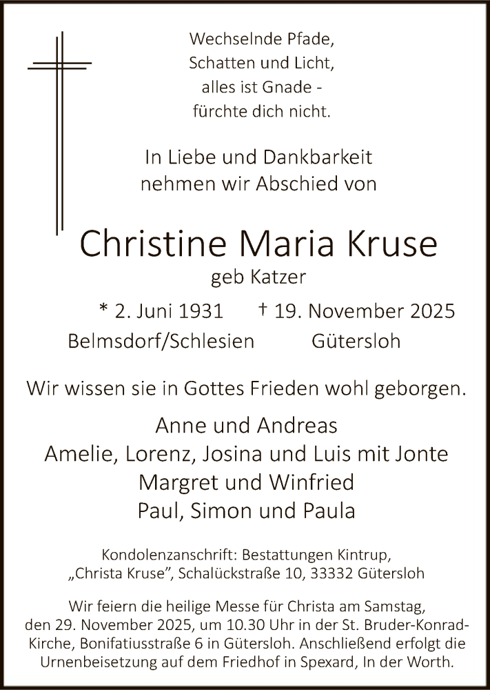  Traueranzeige für Christine Maria Kruse vom 22.11.2025 aus HASO