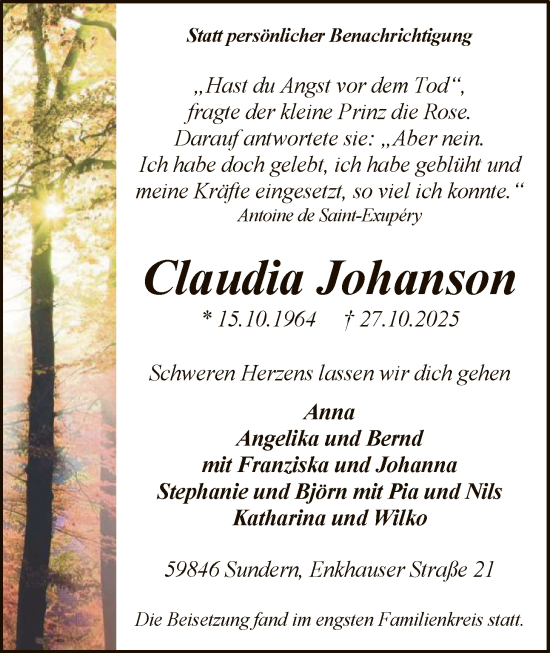 Traueranzeige von Claudia Johanson von HASK