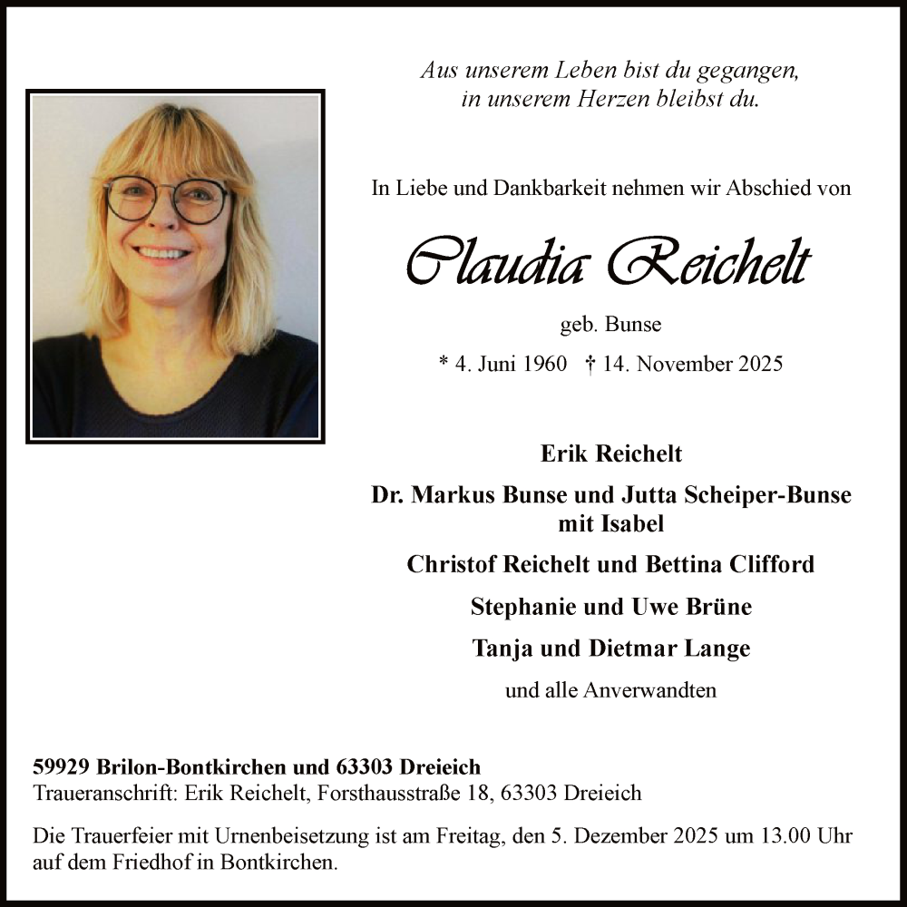  Traueranzeige für Claudia Reichelt vom 29.11.2025 aus HASK