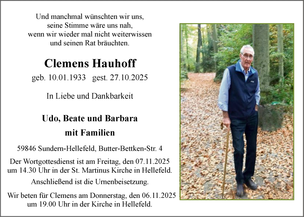  Traueranzeige für Clemens Hauhoff vom 31.10.2025 aus HASK