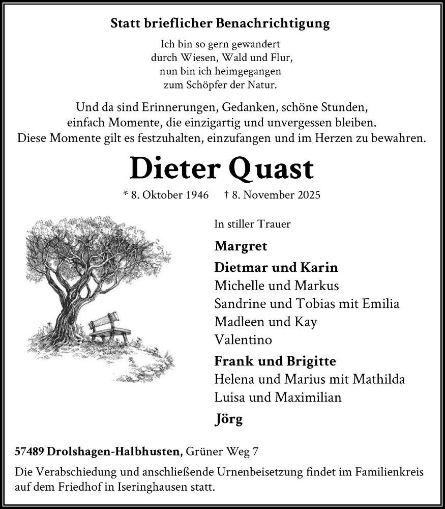  Traueranzeige für Dieter Quast vom 15.11.2025 aus HASK