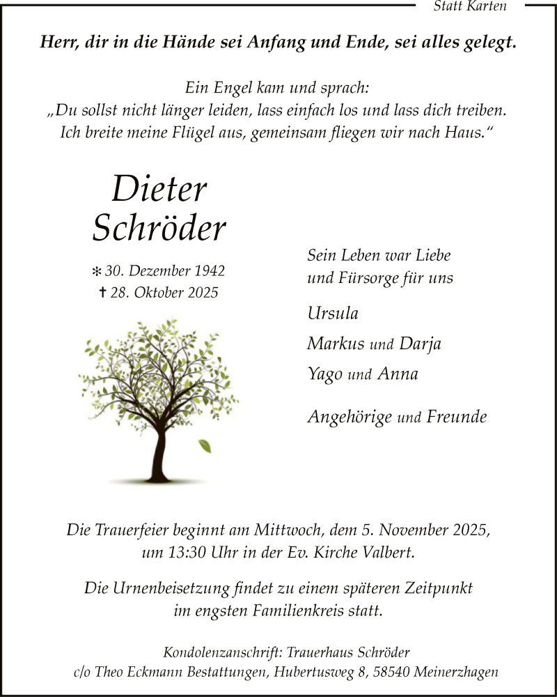  Traueranzeige für Dieter Schröder vom 31.10.2025 aus HALN