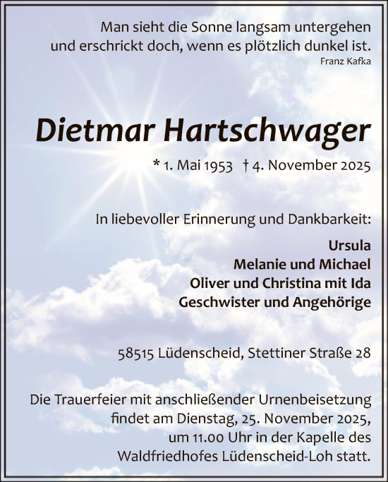 Traueranzeige von Dietmar Hartschwager von HALN