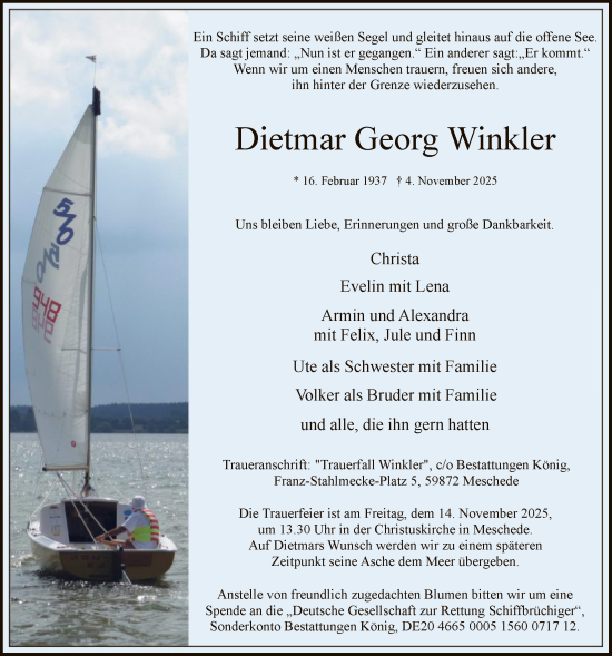 Traueranzeige von Dietmar Georg Winkler von HASK