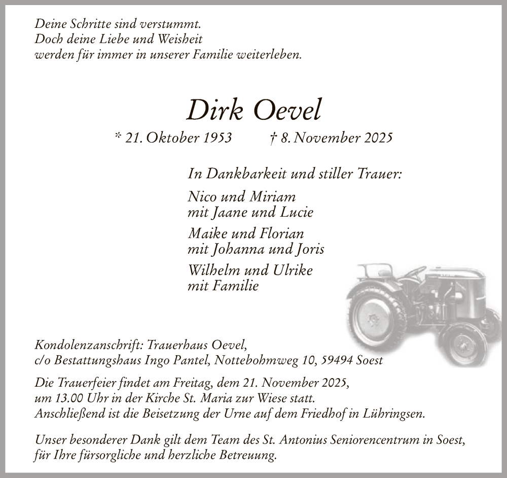  Traueranzeige für Dirk Oevel vom 15.11.2025 aus HASO