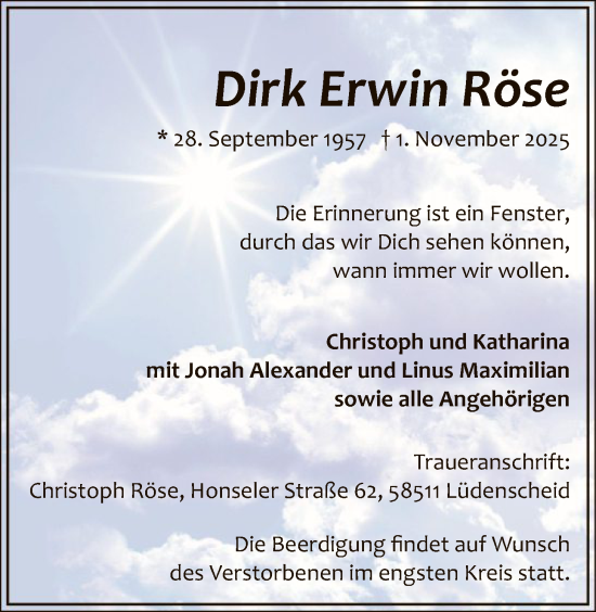 Traueranzeige von Dirk Erwin Röse von HALN
